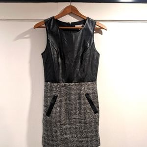 Sleeveless black pleather and tweed dress